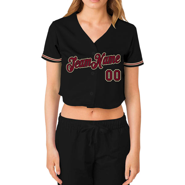 Custom Women's Black Crimson-City Cream V-Neck Cropped Baseball Jersey