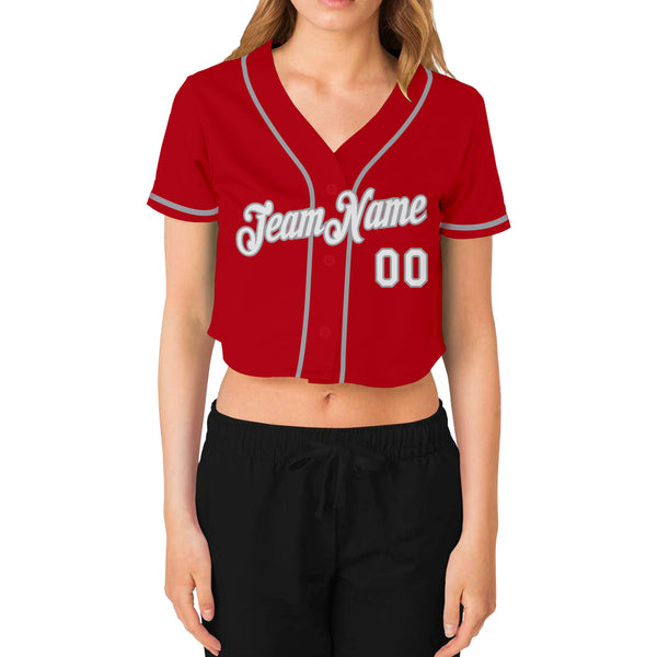 Custom Women's Red White-Gray V-Neck Cropped Baseball Jersey