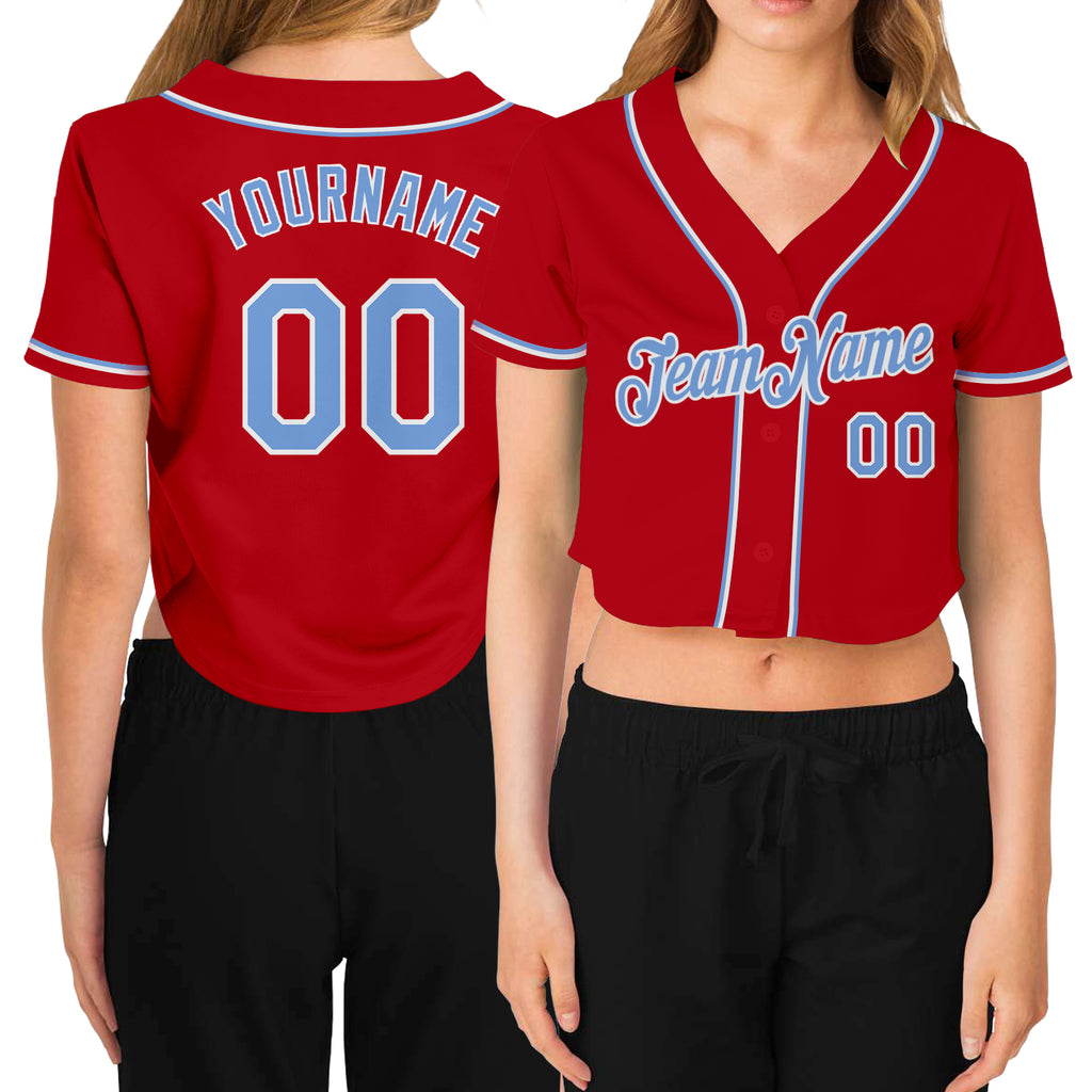 Custom Women's Red Light Blue-White V-Neck Cropped Baseball Jersey