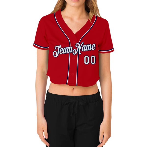 Custom Women's Red White-Navy V-Neck Cropped Baseball Jersey