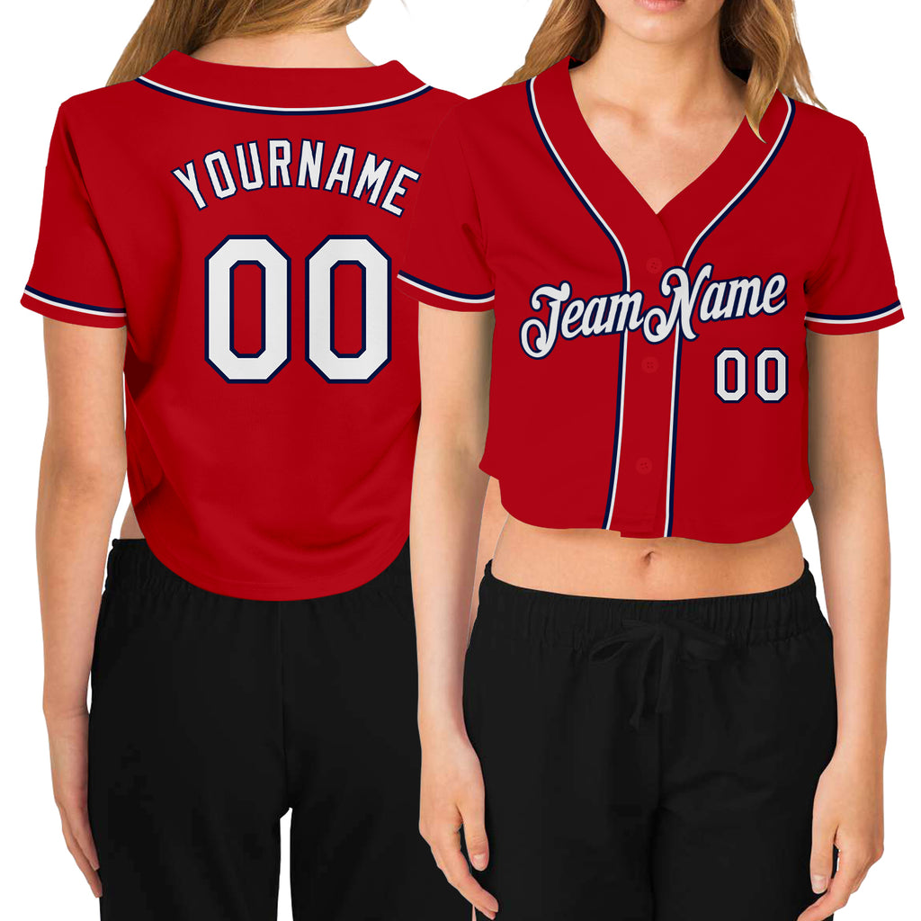 Custom Women's Red White-Navy V-Neck Cropped Baseball Jersey