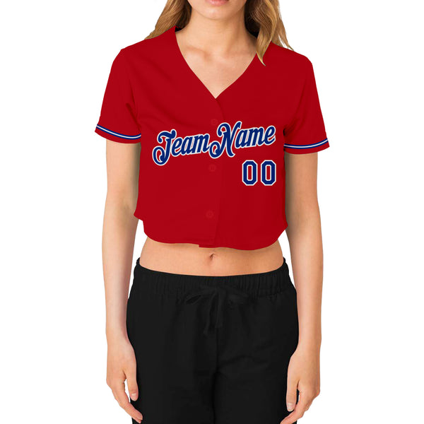 Custom Women's Red Royal-White V-Neck Cropped Baseball Jersey