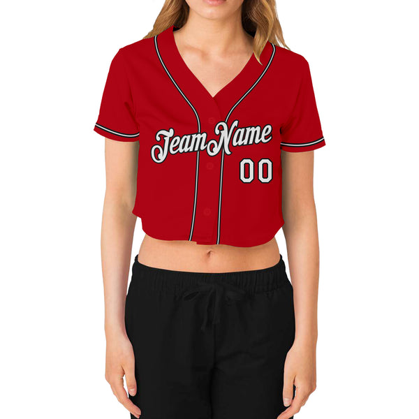 Custom Women's Red White-Black V-Neck Cropped Baseball Jersey