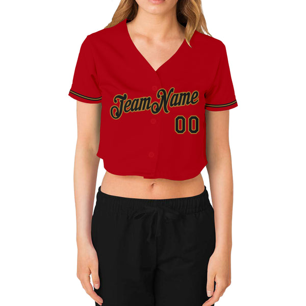 Custom Women's Red Black-Old Gold V-Neck Cropped Baseball Jersey