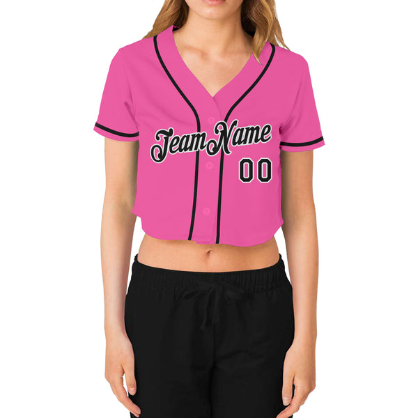 Custom Women's Pink Black-White V-Neck Cropped Baseball Jersey