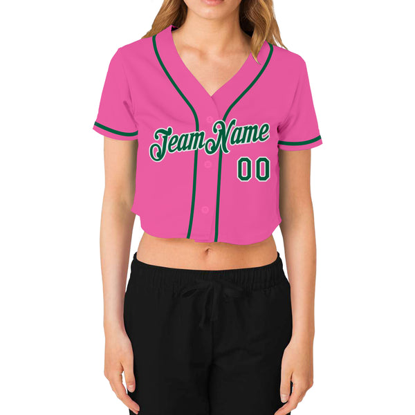 Custom Women's Pink Kelly Green-White V-Neck Cropped Baseball Jersey