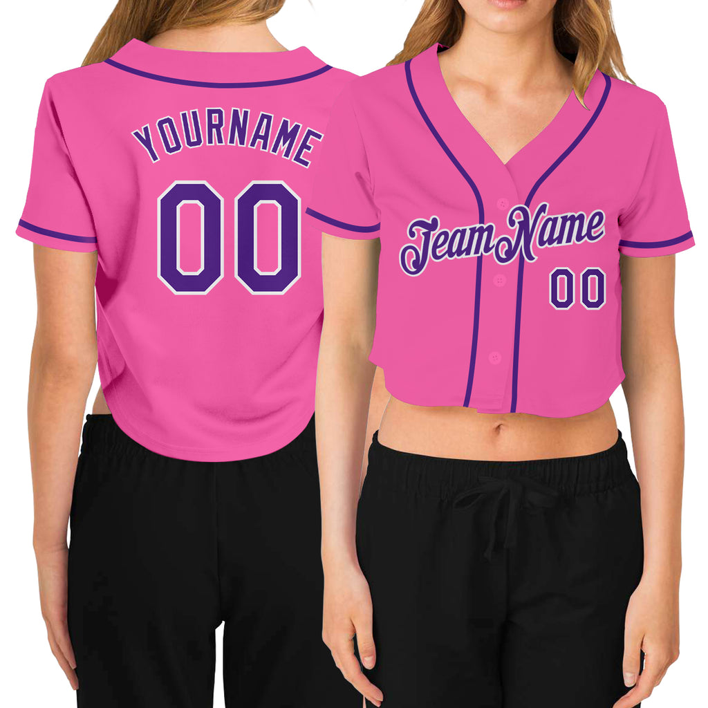 Custom Women's Pink Purple-White V-Neck Cropped Baseball Jersey