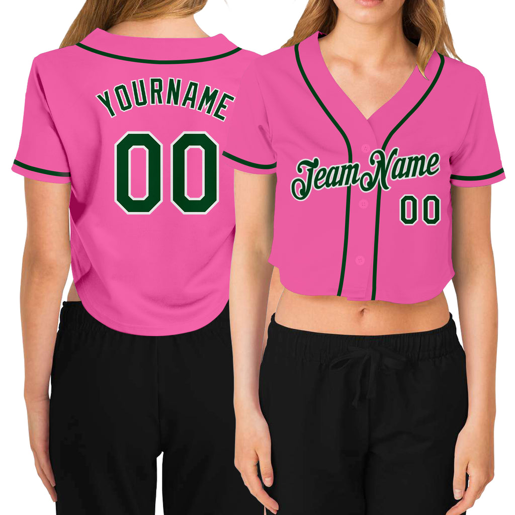 Custom Women's Pink Green-White V-Neck Cropped Baseball Jersey