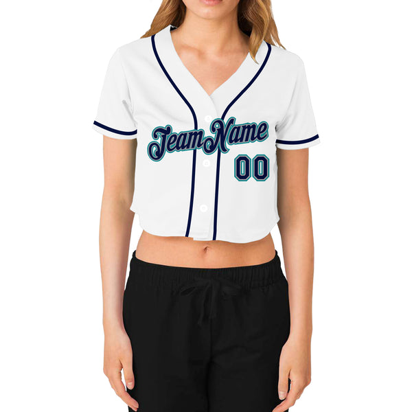 Custom Women's White Navy Gray-Aqua V-Neck Cropped Baseball Jersey