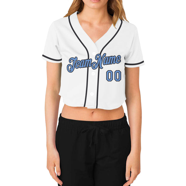 Custom Women's White Light Blue-Steel Gray V-Neck Cropped Baseball Jersey