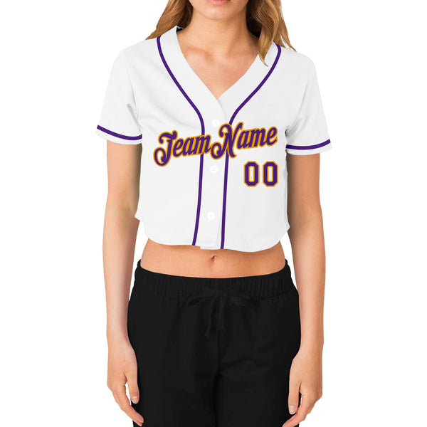Custom Women's White Purple-Gold V-Neck Cropped Baseball Jersey