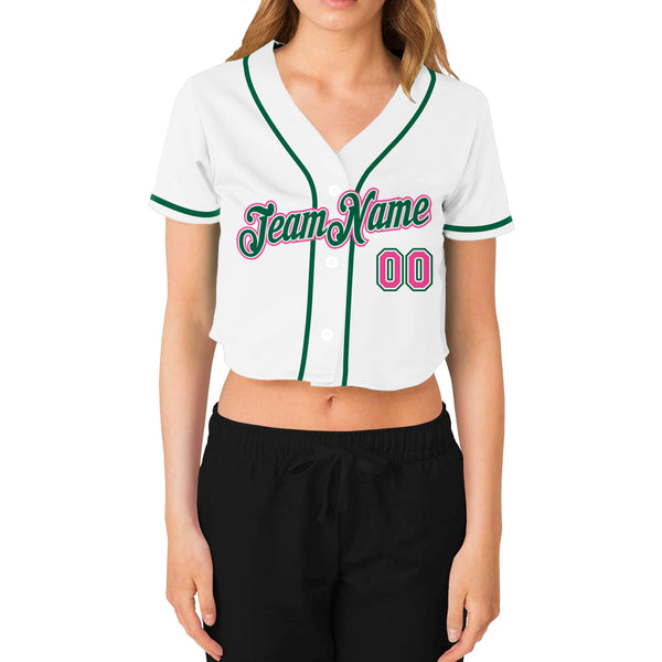 Custom Women's White Pink-Green V-Neck Cropped Baseball Jersey