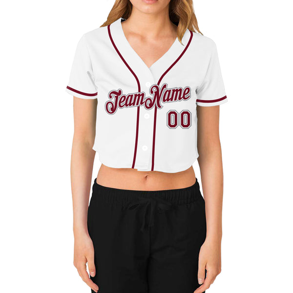 Custom Women's White Crimson-Gray V-Neck Cropped Baseball Jersey