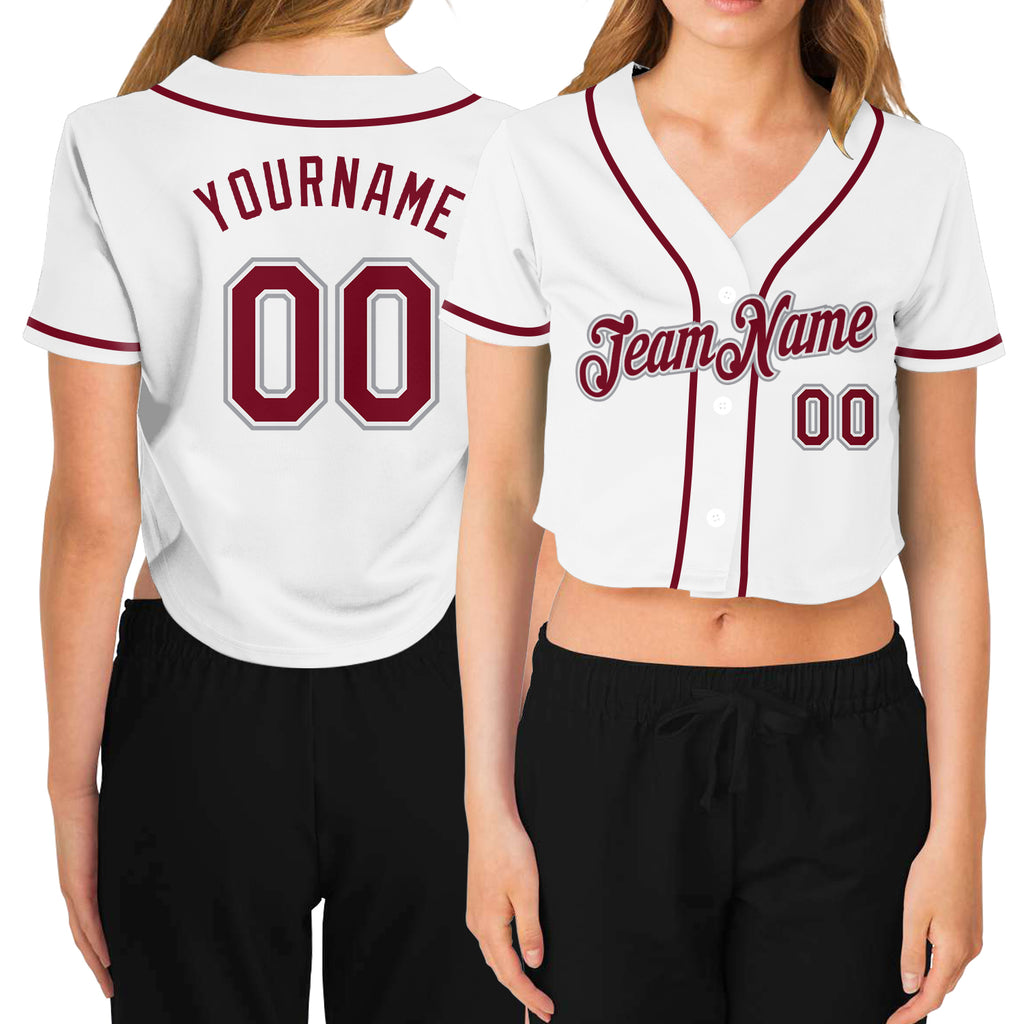 Custom Women's White Crimson-Gray V-Neck Cropped Baseball Jersey