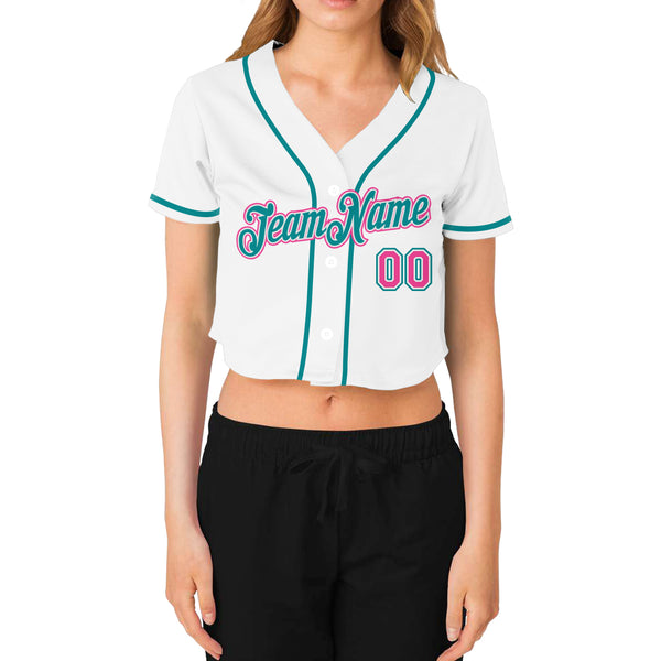 Custom Women's White Pink-Aqua V-Neck Cropped Baseball Jersey