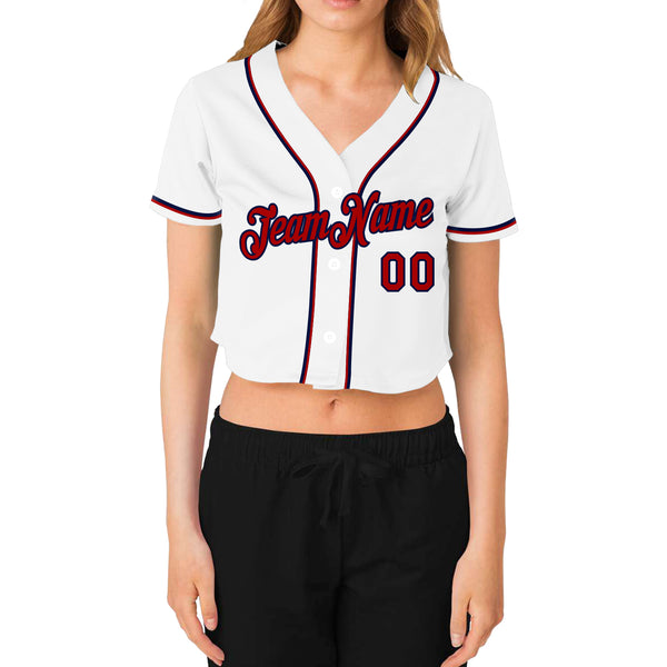 Custom Women's White Red-Navy V-Neck Cropped Baseball Jersey