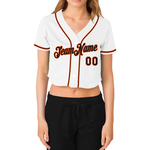 Custom Women's White Black-Orange V-Neck Cropped Baseball Jersey