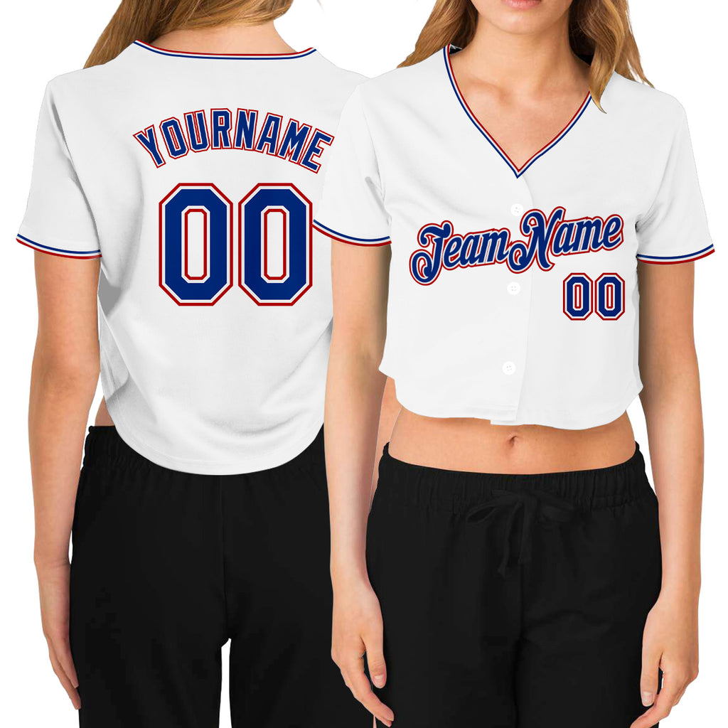 Custom Women's White Royal-Red V-Neck Cropped Baseball Jersey