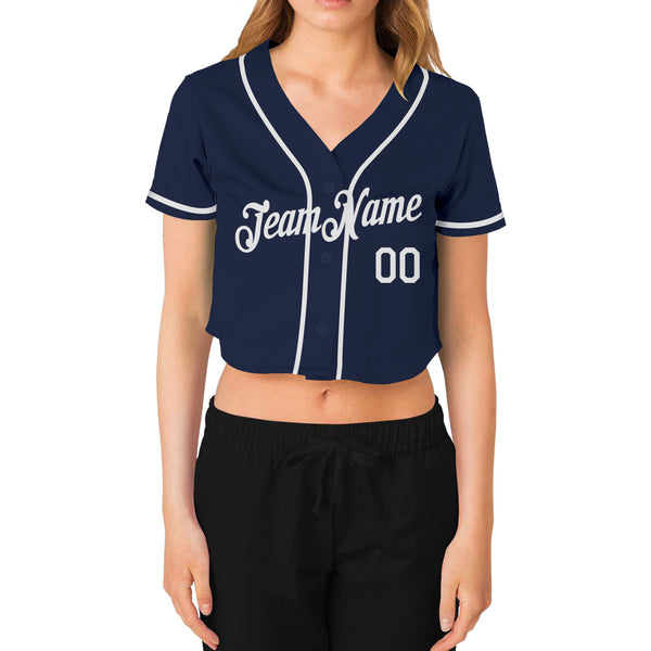 Custom Women's Navy White V-Neck Cropped Baseball Jersey