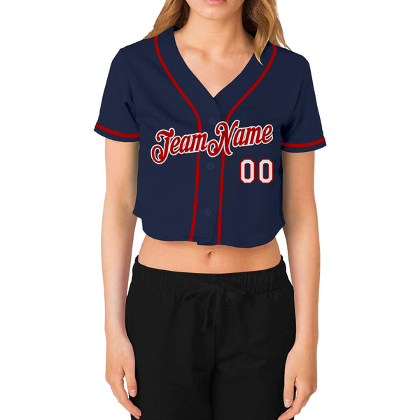 Custom Women's Navy Red-White V-Neck Cropped Baseball Jersey