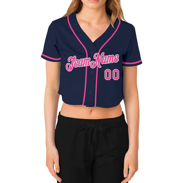 Custom Women's Navy Pink-White V-Neck Cropped Baseball Jersey