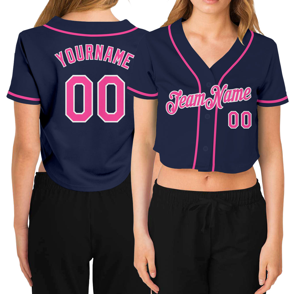 Custom Women's Navy Pink-White V-Neck Cropped Baseball Jersey