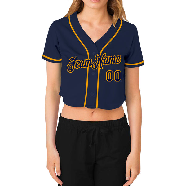 Custom Women's Navy Navy-Gold V-Neck Cropped Baseball Jersey