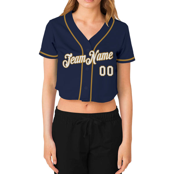 Custom Women's Navy White-Old Gold V-Neck Cropped Baseball Jersey