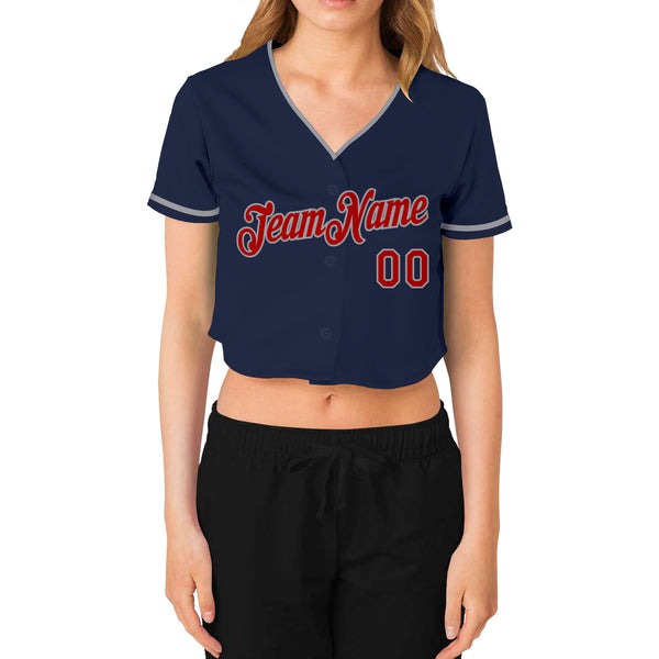 Custom Women's Navy Red-Gray V-Neck Cropped Baseball Jersey