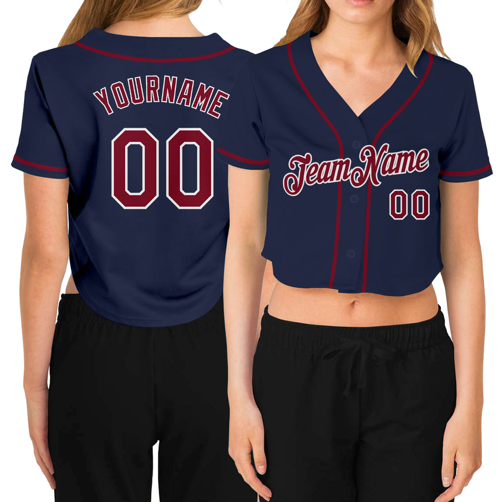 Custom Women's Navy Crimson-White V-Neck Cropped Baseball Jersey