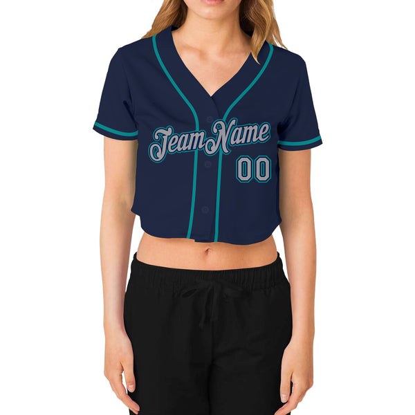 Custom Women's Navy Gray-Aqua V-Neck Cropped Baseball Jersey