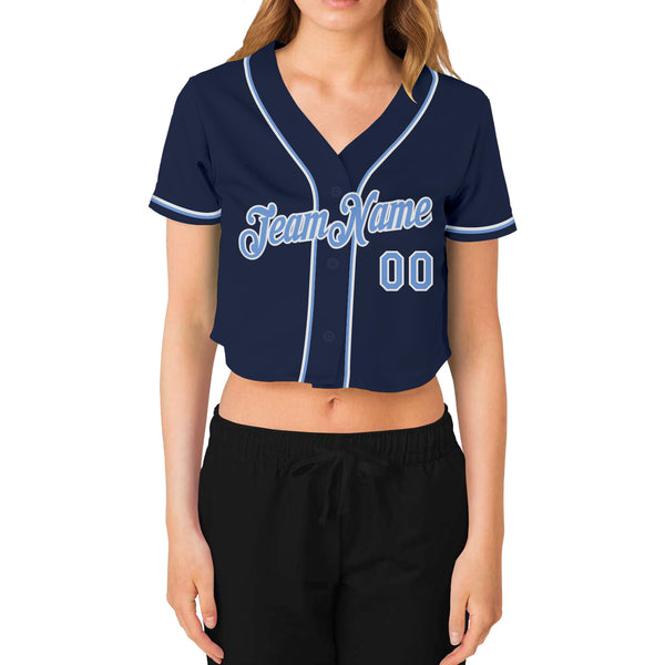 Custom Women's Navy Light Blue-White V-Neck Cropped Baseball Jersey