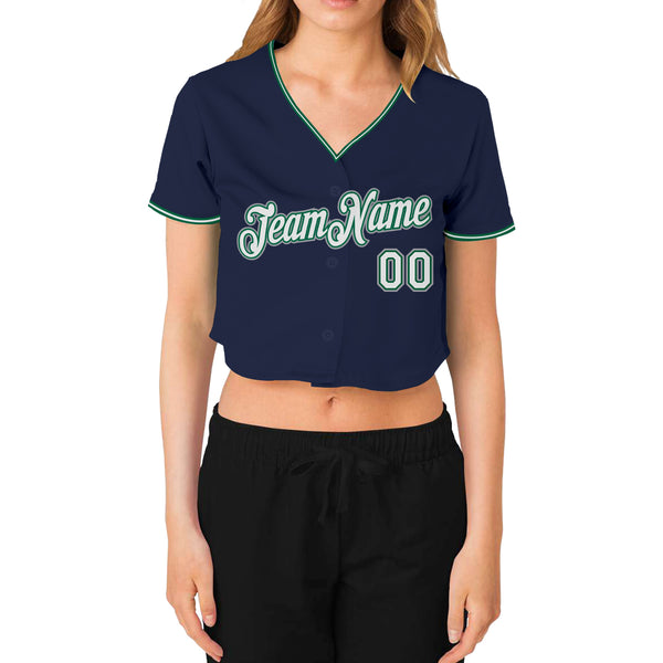 Custom Women's Navy White Kelly Green-Gray V-Neck Cropped Baseball Jersey