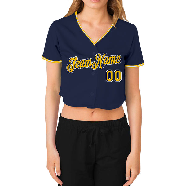 Custom Women's Navy Gold-White V-Neck Cropped Baseball Jersey
