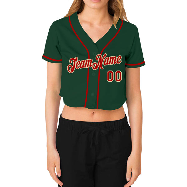 Custom Women's Green Red-Cream V-Neck Cropped Baseball Jersey