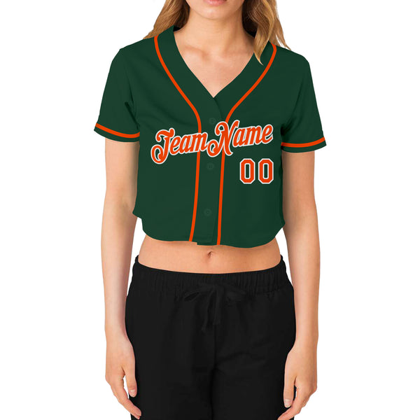 Custom Women's Green Orange-White V-Neck Cropped Baseball Jersey