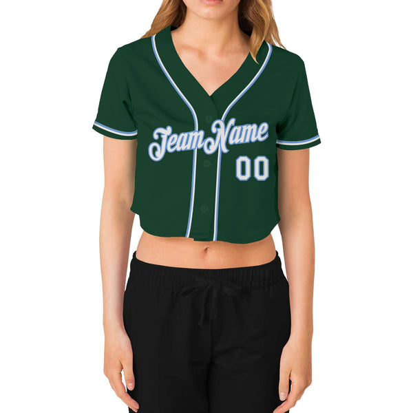 Custom Women's Green White-Light Blue V-Neck Cropped Baseball Jersey