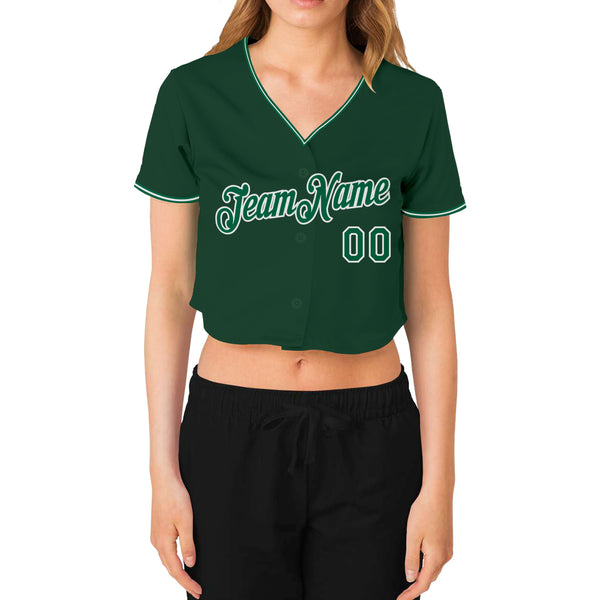 Custom Women's Green Kelly Green-White V-Neck Cropped Baseball Jersey