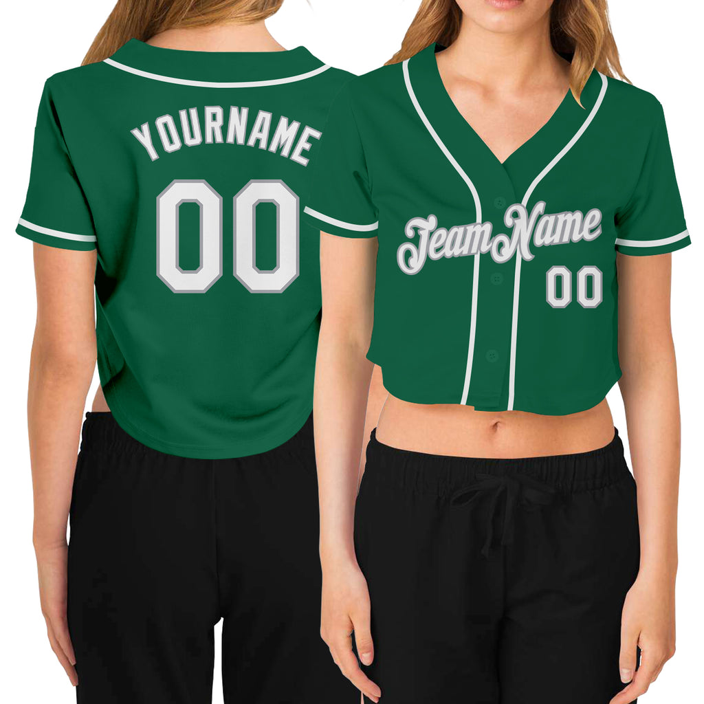 Custom Women's Kelly Green White-Gray V-Neck Cropped Baseball Jersey