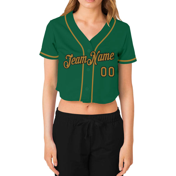 Custom Women's Kelly Green Old Gold-Black V-Neck Cropped Baseball Jersey