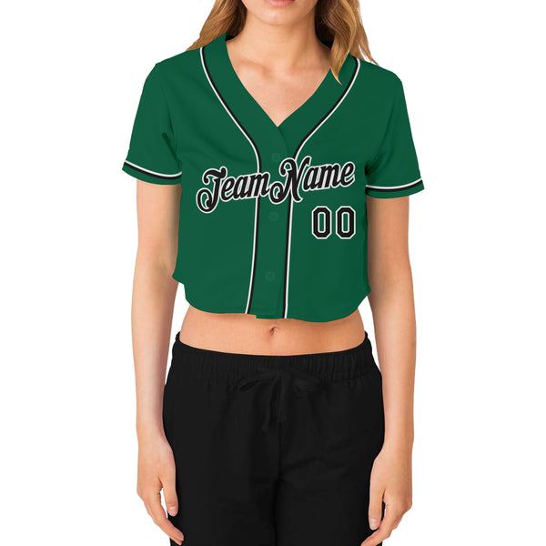Custom Women's Kelly Green Black-White V-Neck Cropped Baseball Jersey