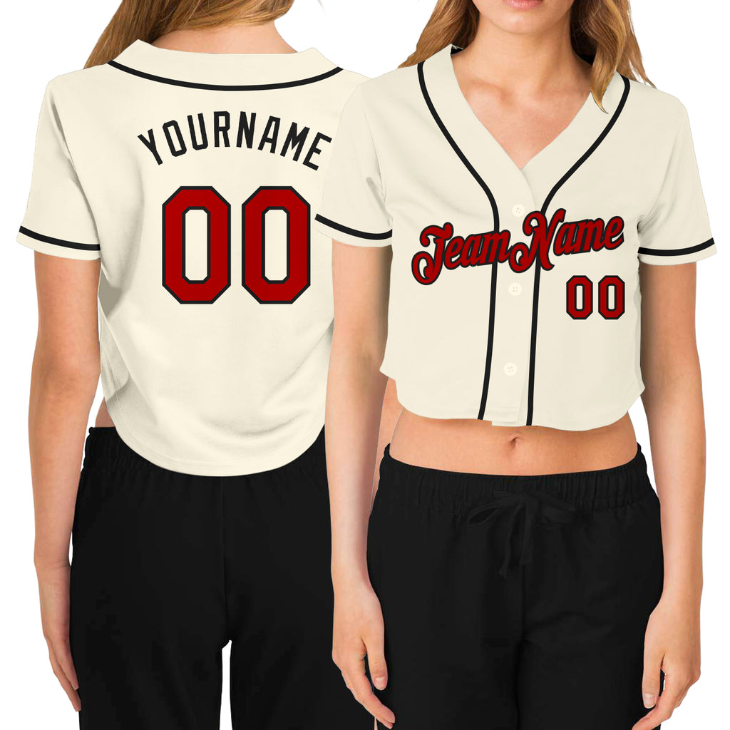 Custom Women's Cream Red-Black V-Neck Cropped Baseball Jersey