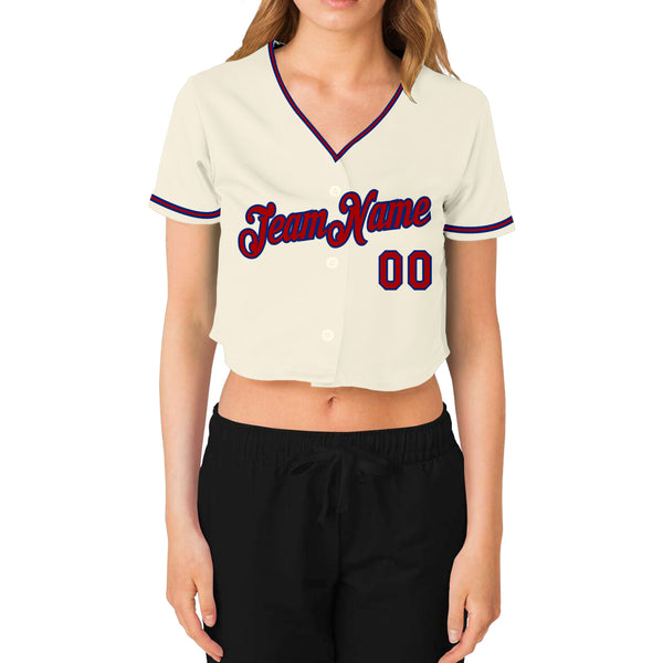 Custom Women's Cream Red-Royal V-Neck Cropped Baseball Jersey