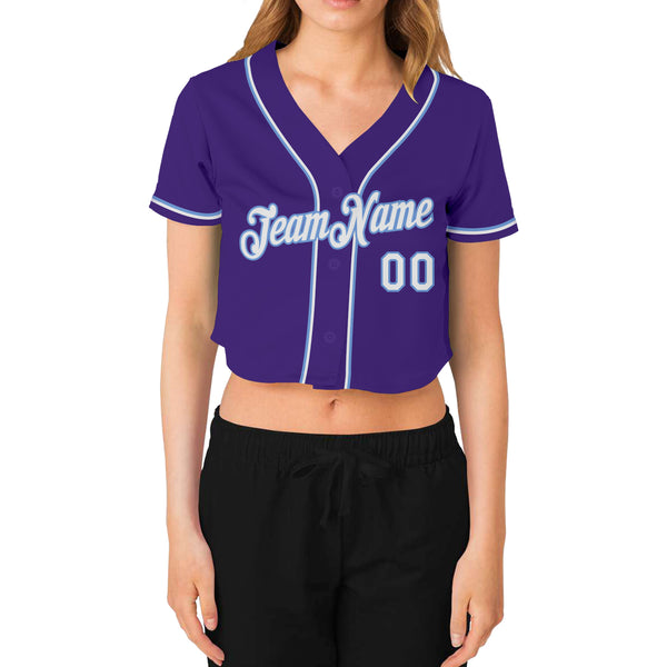 Custom Women's Purple White-Light Blue V-Neck Cropped Baseball Jersey