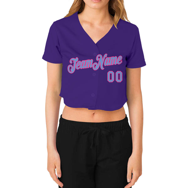 Custom Women's Purple Light Blue-Pink V-Neck Cropped Baseball Jersey