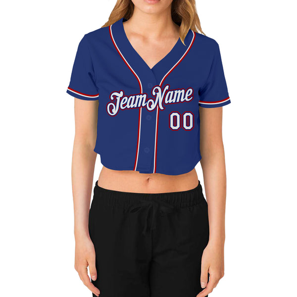 Custom Women's Royal White-Red V-Neck Cropped Baseball Jersey