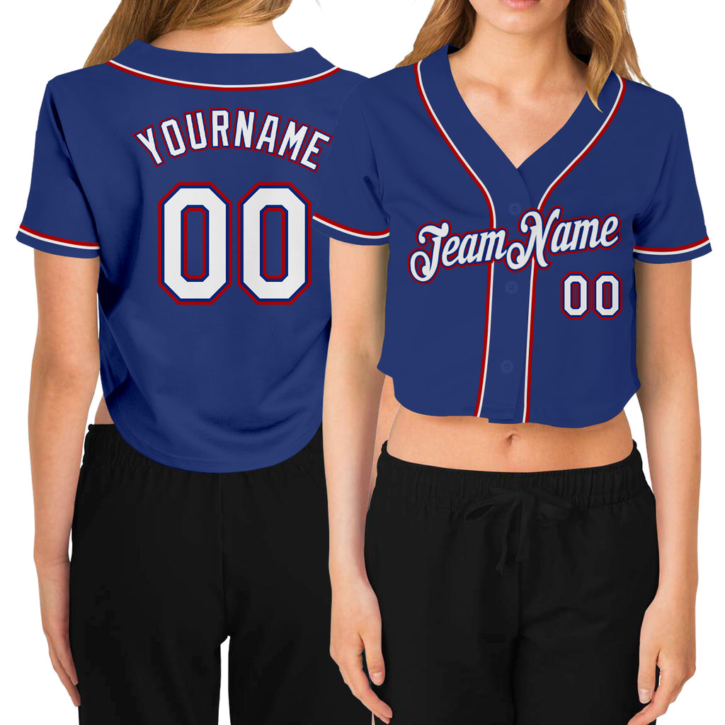 Custom Women's Royal White-Red V-Neck Cropped Baseball Jersey