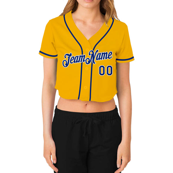 Custom Women's Gold Royal-White V-Neck Cropped Baseball Jersey