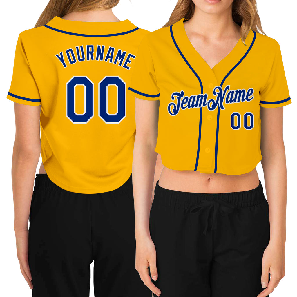 Custom Women's Gold Royal-White V-Neck Cropped Baseball Jersey