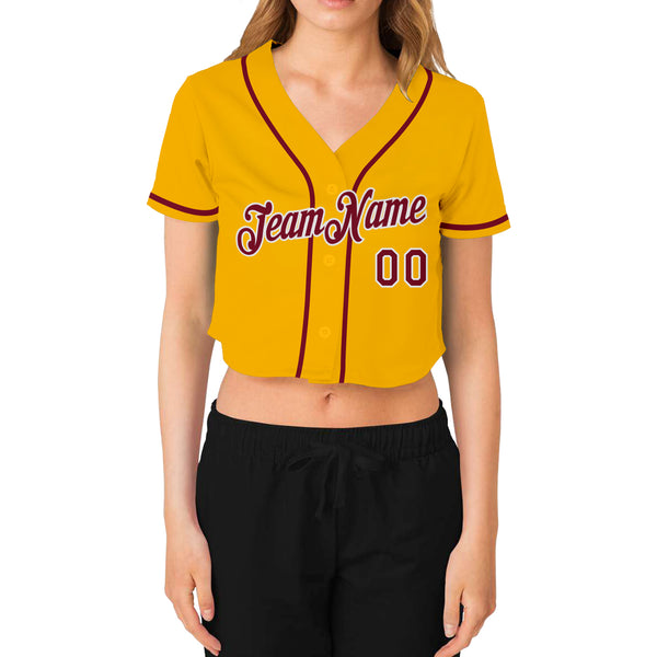 Custom Women's Gold Crimson-White V-Neck Cropped Baseball Jersey